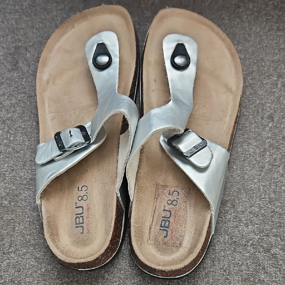 JBU Metallic Silver Buckle Sandals
